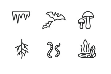 Obraz premium Underground Wildlife Icons. Outline icon set of underground wildlife and nature: cave stalactites, bats, underground river,