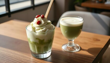 Matcha Bingsu with Matcha Latte &ndash; Styled Dessert Duo for Caf&eacute; Menu Photography