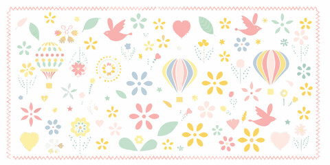 Whimsical pastel pattern with hot air balloons birds flowers hearts and leaves