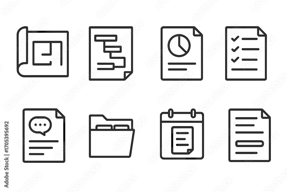 Poster project document icon set. outline icon set of project documents: blueprint, gantt chart, report fil