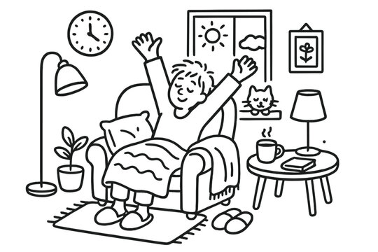 Cozy Corner Stretch. Hand-drawn doodle illustration Relaxed stretch after nap in cozy corner person stretching arms, soft armchair
