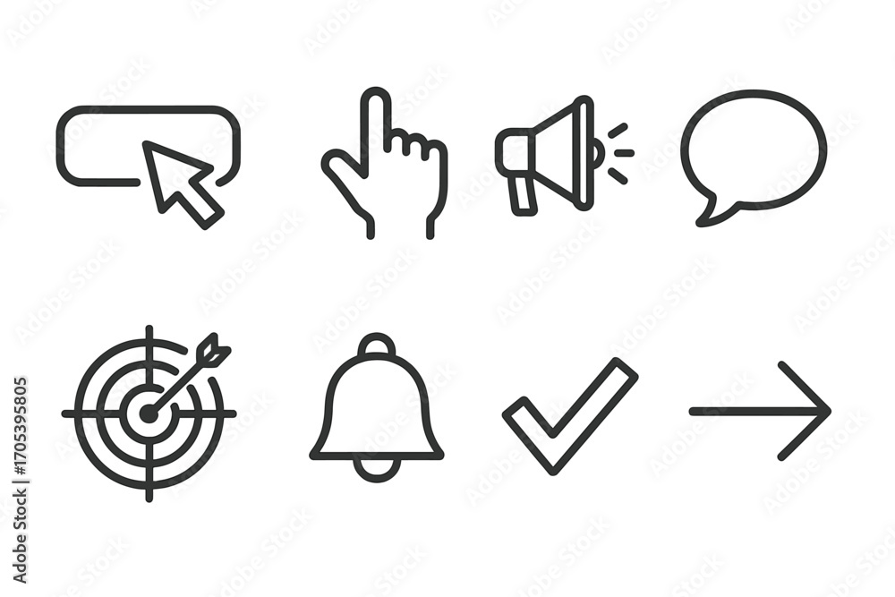Poster call to action icons. outline icon set of call to action: button click, hand pointer, megaphone, spe