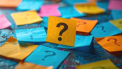 Colorful Question Marks on Sticky Notes Pile Scattered on Textured Surface Asking Uncertainties