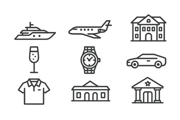 Elite Lifestyle Icons. Outline icon set of elite lifestyle: yacht, private jet, champagne glass, luxury watch, designer clothes,
