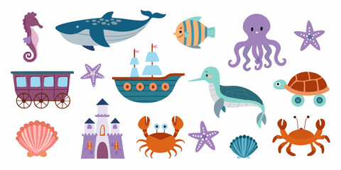 Collection of cute cartoon sea creatures and objects for children s illustrations and designs