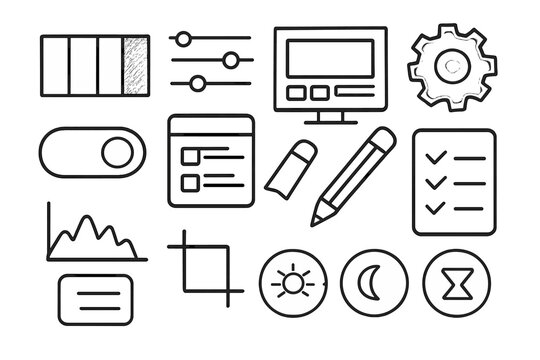 Photo Editing Doodles. Hand-drawn doodle illustration color grading preset color palette, sliders, computer screen, gear, toggle