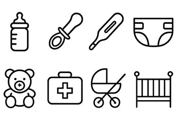 Children's Health Icons. Outline icon set of children’s health and care: baby bottle, pacifier, thermometer, diaper, teddy bear,
