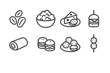 Pub Snacks Icons. Outline icon set of pub snacks: peanuts, popcorn, cheese platter, sausage roll, mini burgers, meatballs, fish