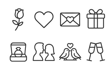 Romantic Icon Set. Outline icon set of romantic gestures: rose, heart, love message, gift box, engagement ring, couple silhouette,