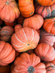 A photograph of numerous bright orange pumpkins shot from above. The pumpkins fill the entire...