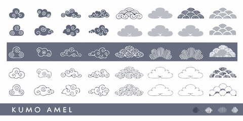 Collection of japanese kumo clouds in various styles and colors for traditional art and design