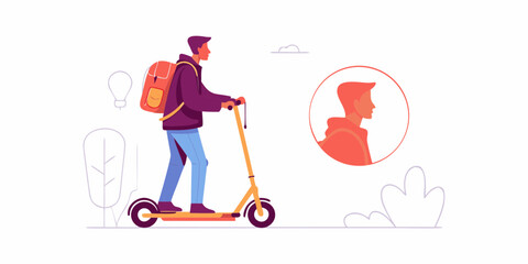 Young man with backpack riding an electric scooter in a stylized urban environment