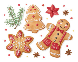 Watercolor gingerbread cookies set 