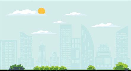 Stylized flat illustration of a cityscape featuring buildings, trees, garden bushes, and decorative elements, blending urban life with greenery in a clean, modern, and vibrant design.