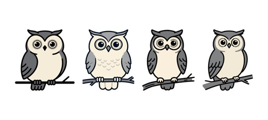 Set of four cute cartoon owl illustrations. Various bird characters perched on a branch. Vector graphic isolated on a white background.