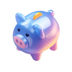 A 3d illustration of a shiny blue piggy bank with a yellow slot, isolated on transparent background