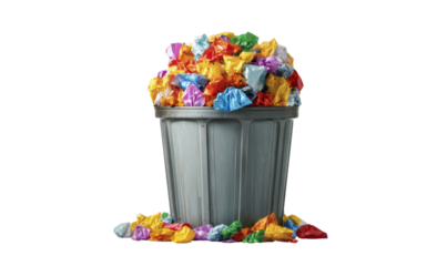 A gray trash can overflowing with colorful, crumpled candy wrappers