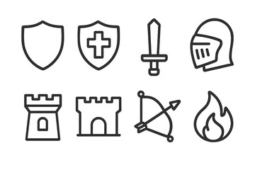 Territorial Defense Icons. Outline icon set of territorial defense: shield, shield with cross, sword, helmet, watchtower, fortress