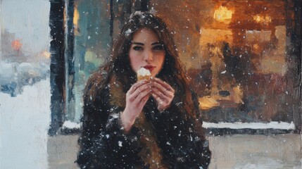 oil painting of a beautiful brunette woman on a snowy street, style of romanticism. She is captured in a moment of joy, tasting her ice cream cone. 