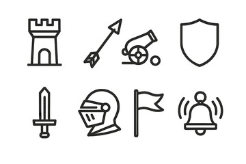 Moat Defense Icons. Outline icon set of moat defense elements: guard tower, archery arrow, cannon, shield, sword, knight helmet,