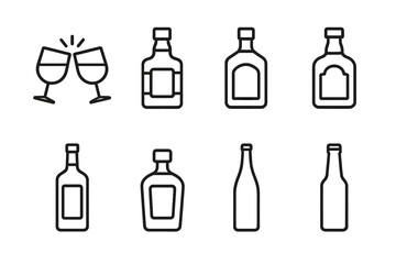 Alcohol Icon Set. Outline icon set of alcoholic beverages: clinking glasses, whiskey bottle, gin bottle, rum bottle, vodka bottle,