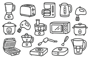 Kitchen Appliance Doodles. Hand-drawn doodle illustration Small kitchen appliances blender, toaster, coffee maker, electric kettle