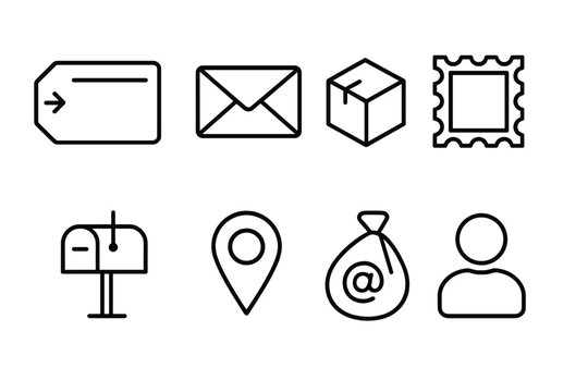 Mail Icon Set. Outline icon set of sender&rsquo;s details: return label, envelope, parcel, postal stamp, mailbox, map marker, mailbag,