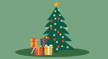 Flat design illustration of a decorated Christmas tree adorned with ornaments, lights, and a star topper, set against a festive background to evoke holiday cheer .