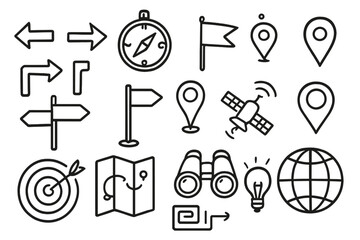 Fototapeta premium Navigation Symbols Doodle. Hand-drawn doodle illustration direction symbols arrow, compass rose, map pin, signpost, flag, GPS