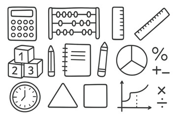 Fototapeta premium Math Tools Doodle. Hand-drawn doodle illustration math learning tools calculator, abacus, ruler, protractor, number blocks, pencil