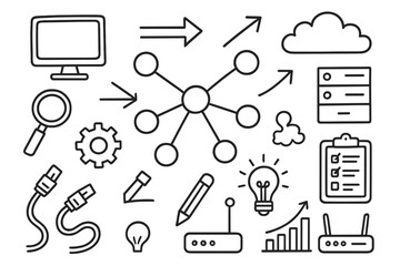 Network Doodle Art. Hand-drawn doodle illustration network scheme nodes, connections, computer, server, cloud, arrows, magnifying