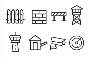 Border Infrastructure Icons. Outline icon set of border infrastructure: fence, wall, roadblock, watchtower, control tower,