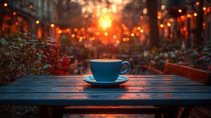 Outdoor cafe table with coffee cup at sunset