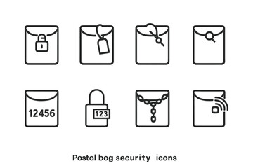 Postal Bag Security Icons. Outline icon set of postal bag security: lock seal, tamper evident tag, zip tie, bag seal, security