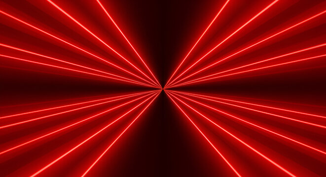 Abstract red neon light beams converging at a central vanishing point