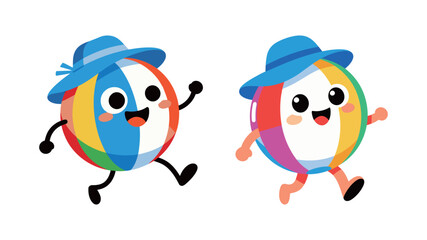 Pair of cute cartoon beach ball characters. Happy summer mascot wearing a sun hat. Vector illustration isolated on a white background.