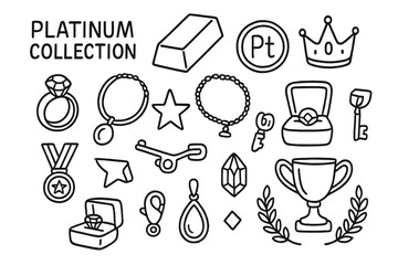 Platinum Doodle Icons. Hand-drawn doodle illustration platinum collection platinum bar, coin, ring, necklace, bracelet, crown,