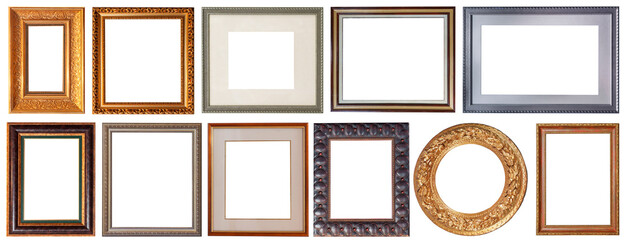 Set of picture frames isolated on white background antique carved gold