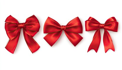 Fototapeta premium Four red satin ribbon bows, various styles, isolated on white
