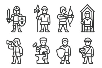 Castle Personnel Icons. Outline icon set of castle gate personnel: knight, guard, archer, sentry, herald, blacksmith, squire,