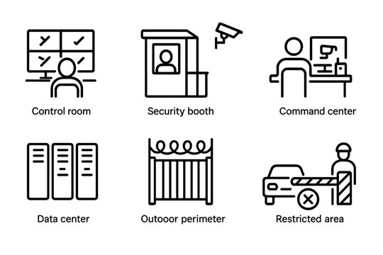 Surveillance Outline Icons. Outline icon set of surveillance environments: control room, security booth, observation tower,