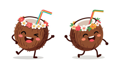 Pair of cute cartoon coconut characters with flowers. Tropical fruit mascot with a straw. Vector illustration isolated on a white background.