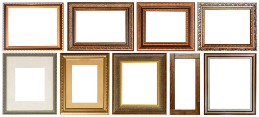 Set of picture frames isolated on white background antique carved gold
