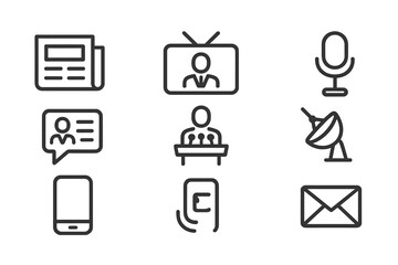 Obraz premium Political Communication Icons. Outline icon set of political communication: newspaper, TV screen, social media, radio microphone,