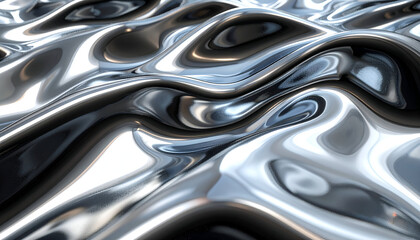 Shiny liquid metal surface undulating with smooth waves, reflecting light and creating abstract patterns in a futuristic and modern style.