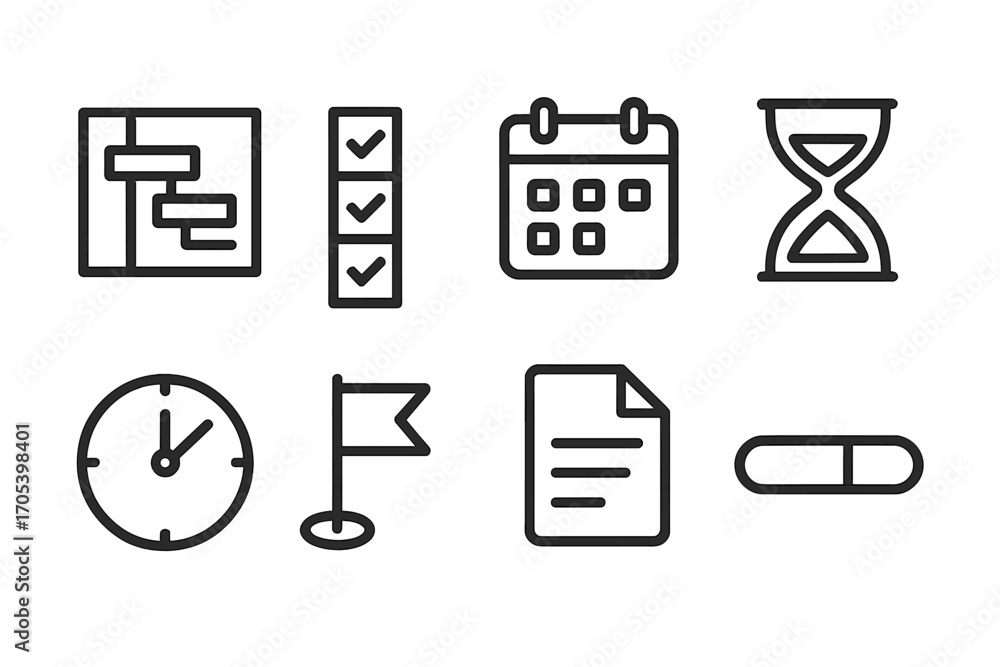 Poster project management icons. outline icon set of project scheduling and deadlines: gantt chart, checkli