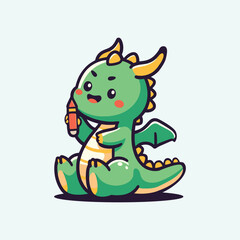 Obraz premium Adorable green dragon illustration in flat cartoon style with small yellow accents, perfect for fantasy, kids, and creative projects