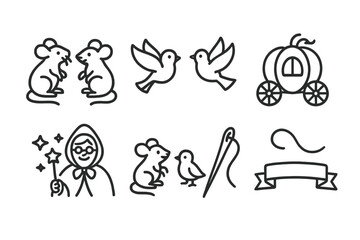 Cinderella's Helper Icons. Outline icon set of Cinderella’s helpers: mice, birds, fairy godmother, pumpkin coach, magic wand,