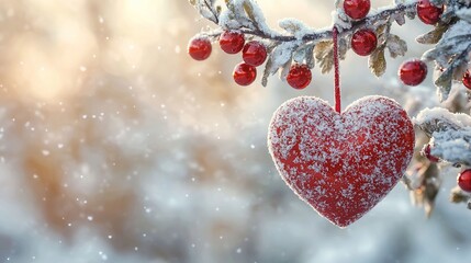 Snowy red heart ornament on winter branch, soft sunlight, snowflakes