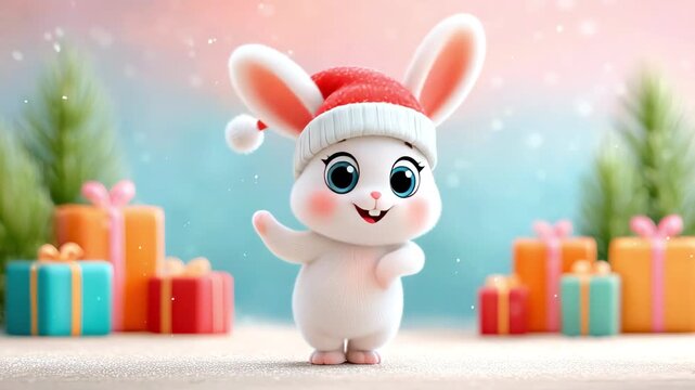 Cute cartoon little bunny in Santa hat among Christmas presents. Adorable, funny and cheerful rabbit jumping and dancing against colorful gift boxes and snowfall. Animated Christmas card